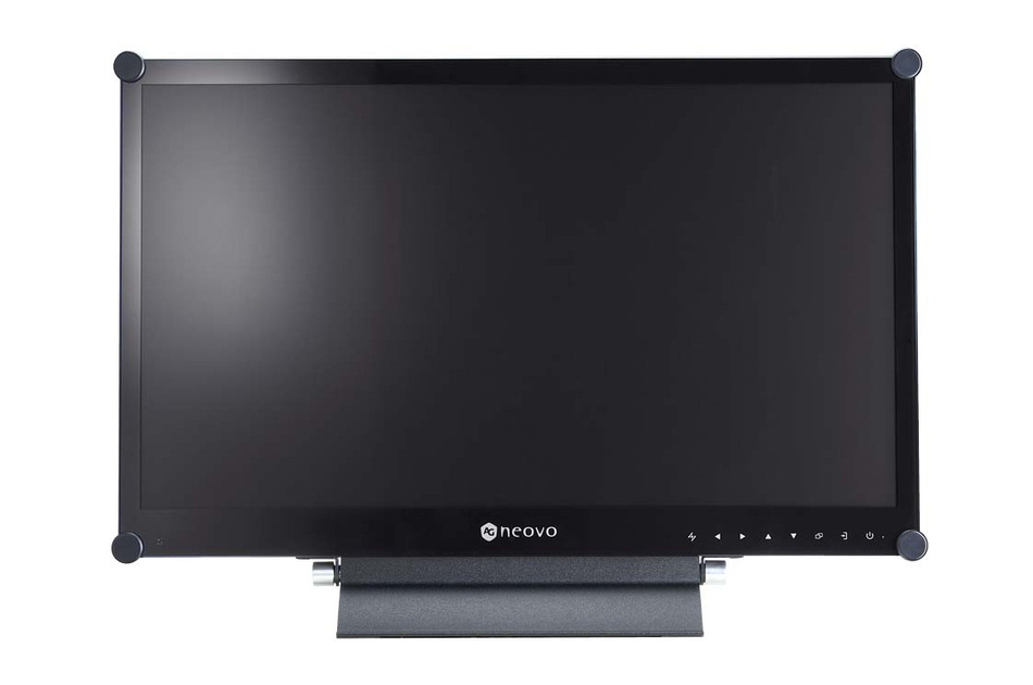 Schwarzer Neovo-Monitor mit ausgeschaltetem Bildschirm und Standfuß