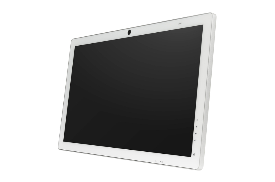 Weißer Tablet-Computer mit schwarzem Bildschirm, Frontkamera und seitlichen Bedientasten
