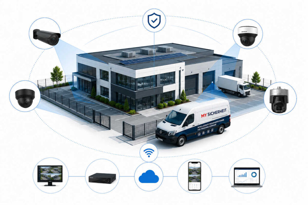Sicherheitskonzept für ein Gewerbegebäude mit Überwachungskameras, Schutzsymbol sowie vernetzter Anzeige- und Cloud-Technik