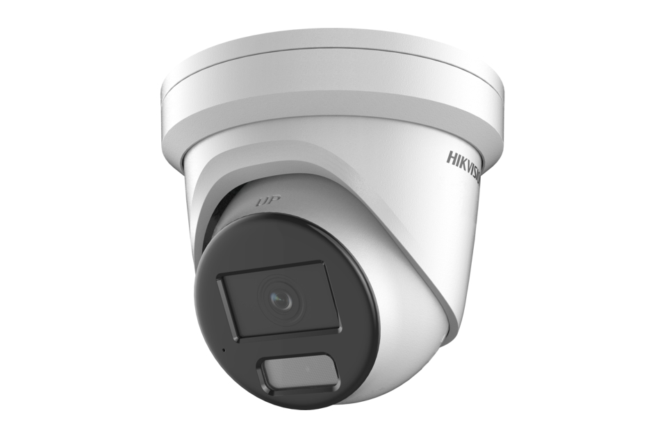 Weiße Hikvision-Dome-Überwachungskamera mit sichtbarem Objektiv und integrierter Beleuchtung