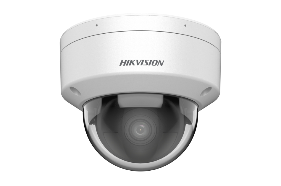 Weiße Hikvision-Dome-Überwachungskamera mit sichtbarem Objektiv unter einer transparenten Kuppel