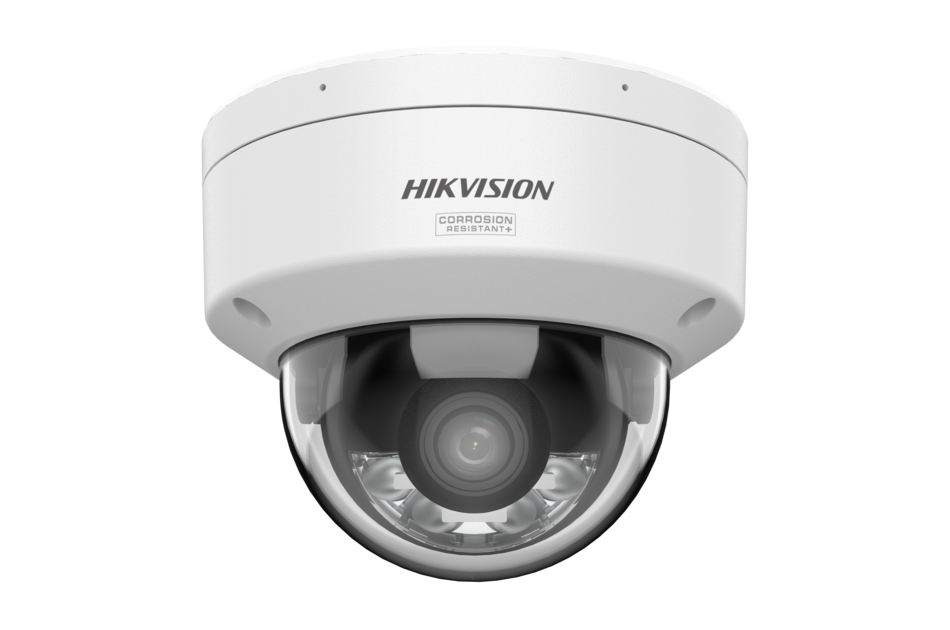 Weiße Hikvision-Dome-Überwachungskamera mit sichtbarem Objektiv und Aufschrift „Corrosion Resistant+“