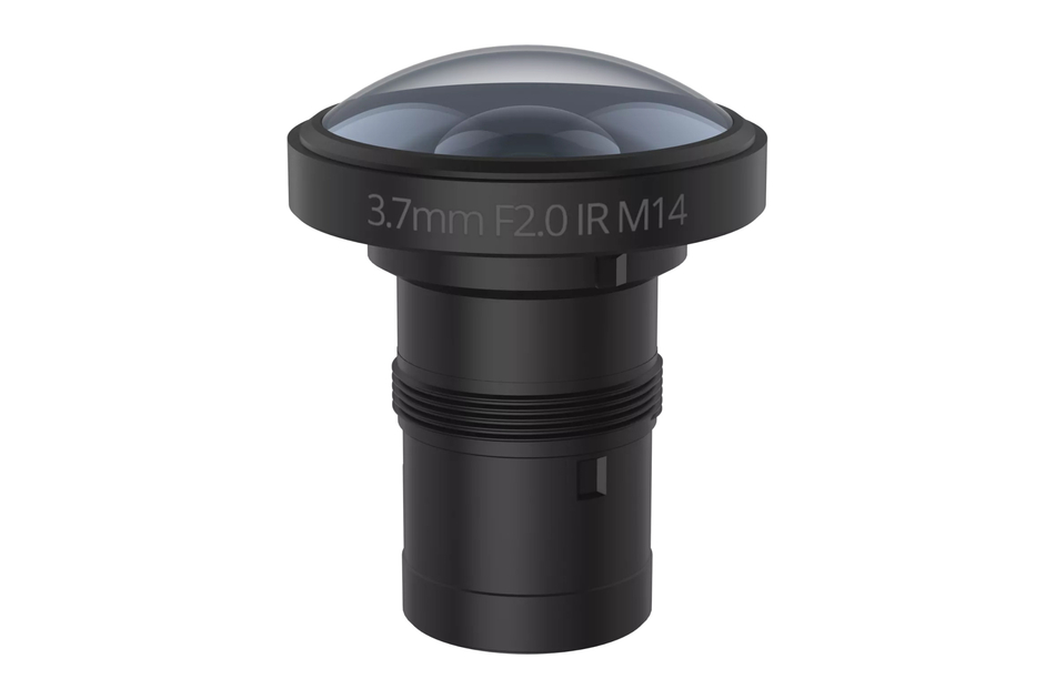 Schwarzes Kameraobjektiv mit der Aufschrift „3.7mm F2.0 IR M14“