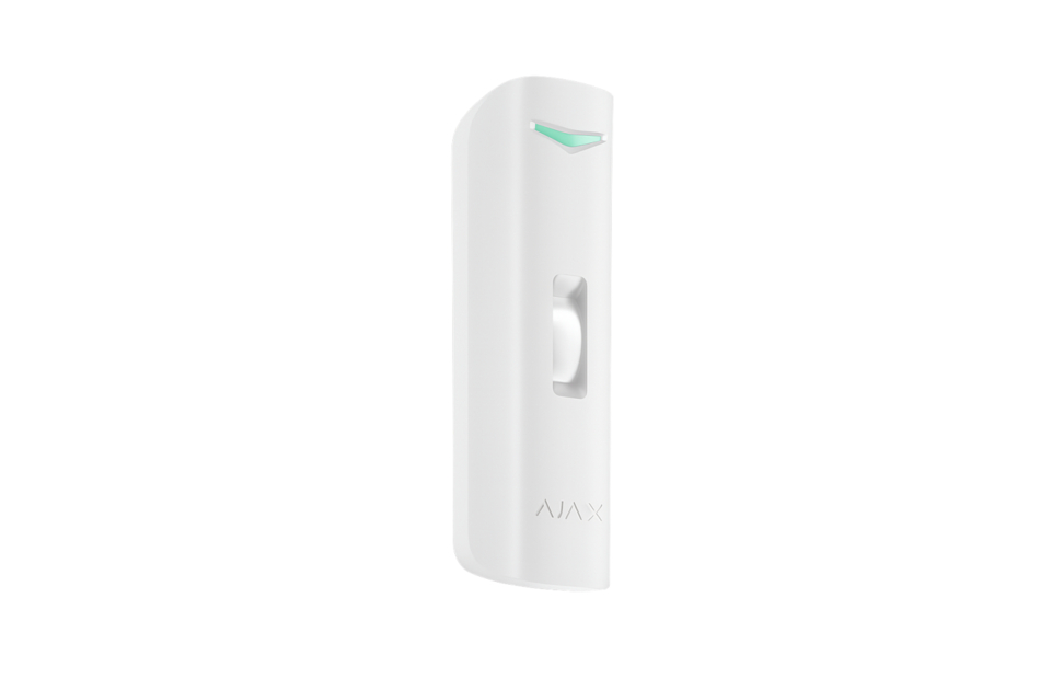 Weißer Ajax-Bewegungsmelder mit grünem Statuslicht und sichtbarem Ajax-Logo