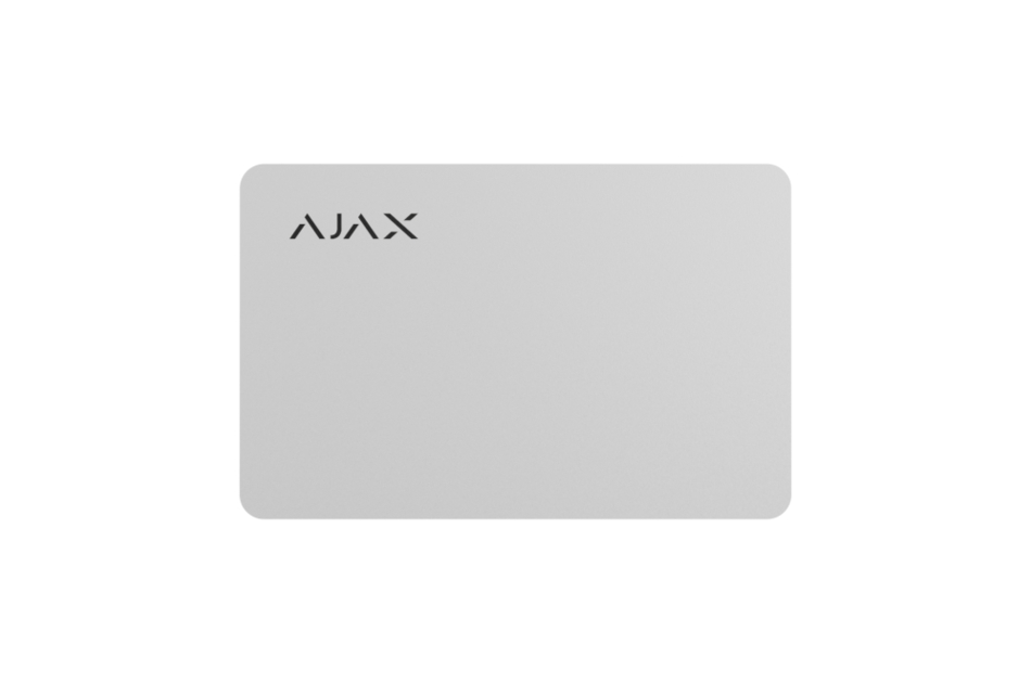 Graue rechteckige Ajax-Zugangskarte mit abgerundeten Ecken und schwarzem Ajax-Logo