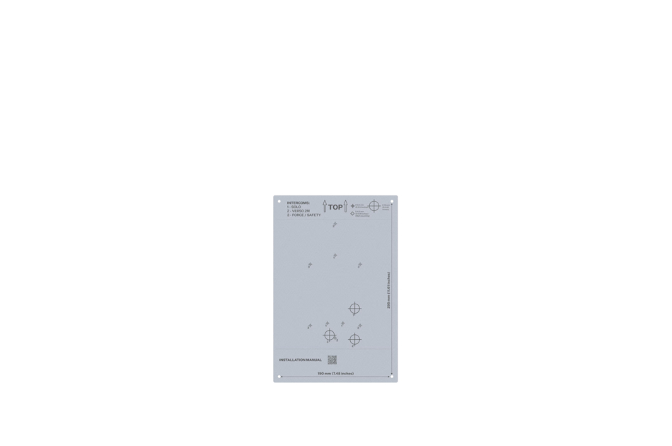 Graue Installationsschablone mit Bohrmarkierungen, Ausrichtungshinweisen und Maßangaben von 190 × 410 mm