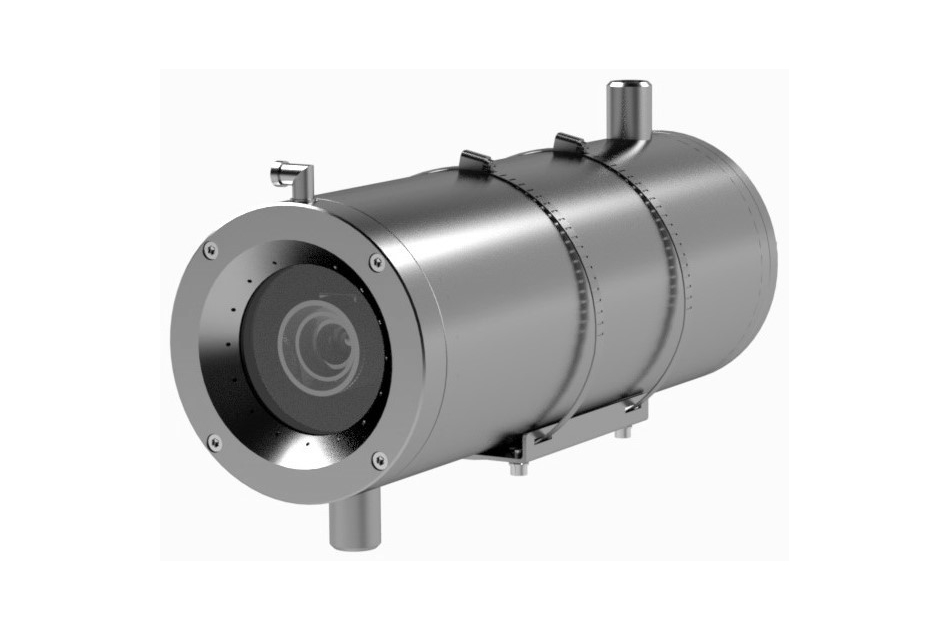 Zylindrische Kamera in einem robusten Metallgehäuse mit sichtbarem Objektiv und mehreren Anschlussstutzen