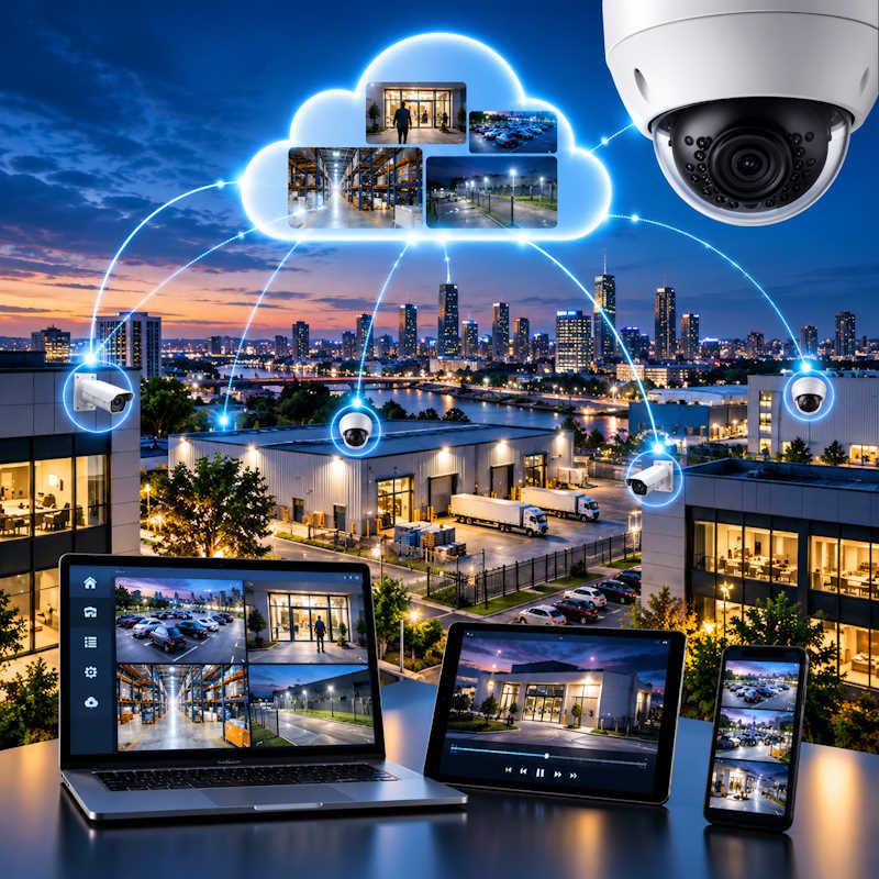 Cloud-Videoüberwachung mit vernetzten Kameras und mobilem Zugriff auf Videodaten