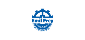 Blaues rundes Logo mit stilisiertem Bogen, Wellen und einem Schriftzug in der Mitte
