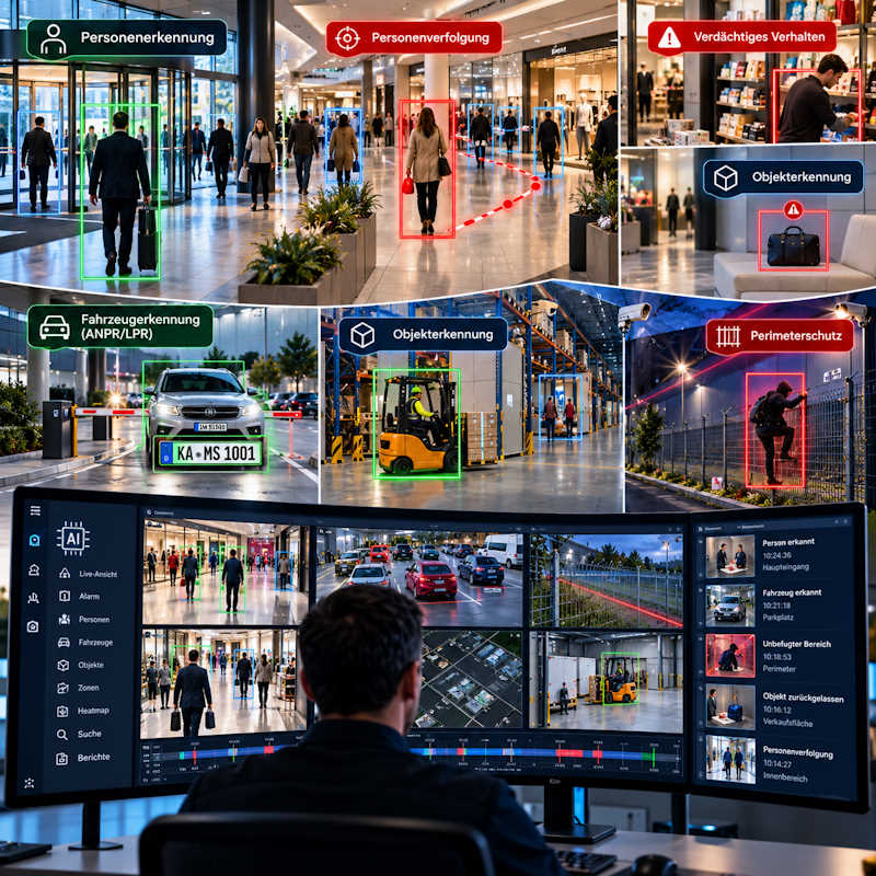 KI-Videoanalyse zur Erkennung von Personen, Fahrzeugen, Objekten und Sicherheitsereignissen
