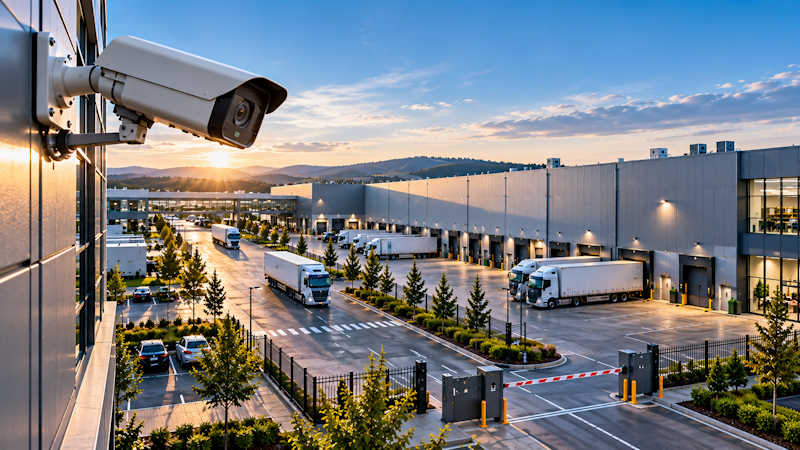 Professionelle Videoüberwachung eines Logistikzentrums mit IP-Kamera, Laderampen, Lkw und gesicherter Zufahrt