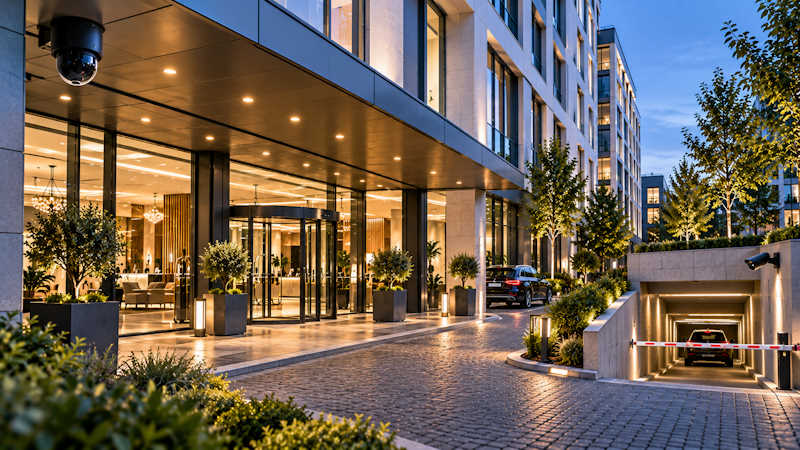 Modernes Businesshotel mit professionellen Überwachungskameras am Hoteleingang und an der Tiefgaragenzufahrt