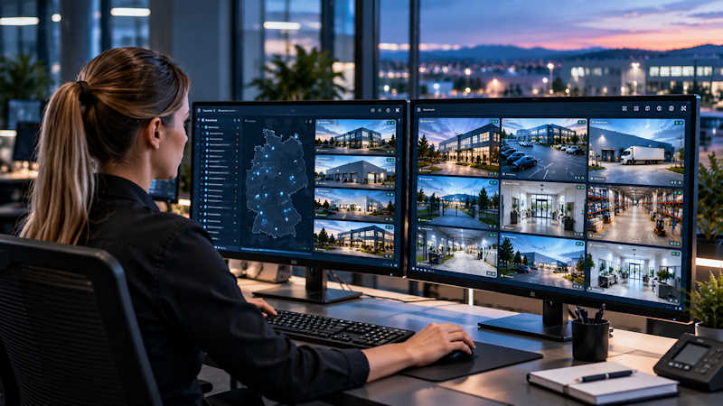 Sicherheitsmitarbeiter überwacht mehrere Unternehmensstandorte über eine zentrale Video-Management-Software mit Live-Kamerabildern.