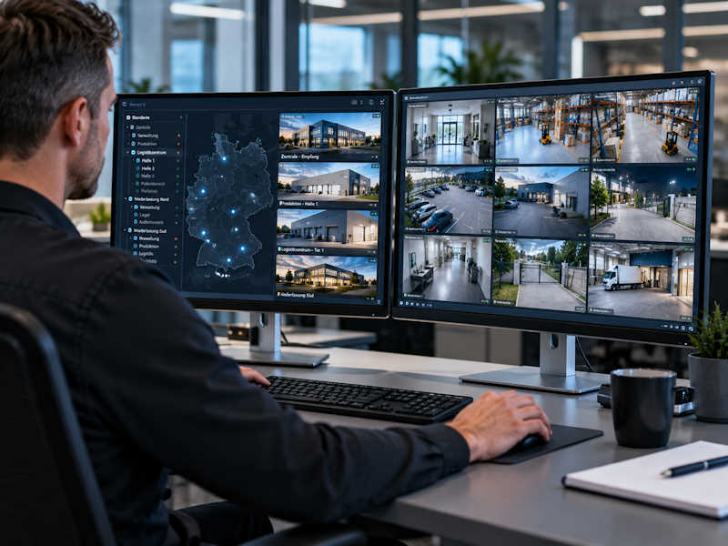 Mitarbeiter an einem modernen Sicherheitsarbeitsplatz mit zentraler Cloud-Videoverwaltung und Live-Kamerabildern verschiedener Unternehmensstandorte.