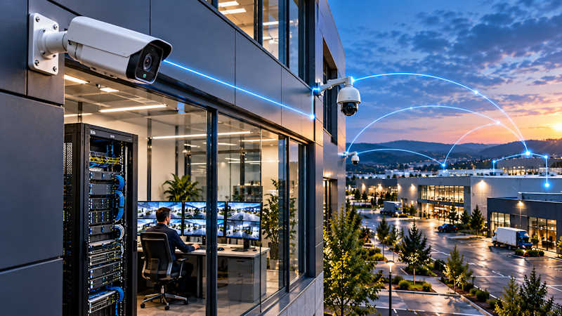 Hybride Videoüberwachung für Unternehmen mit IP-Kameras, lokalen Videoservern und cloudbasierter Verwaltung