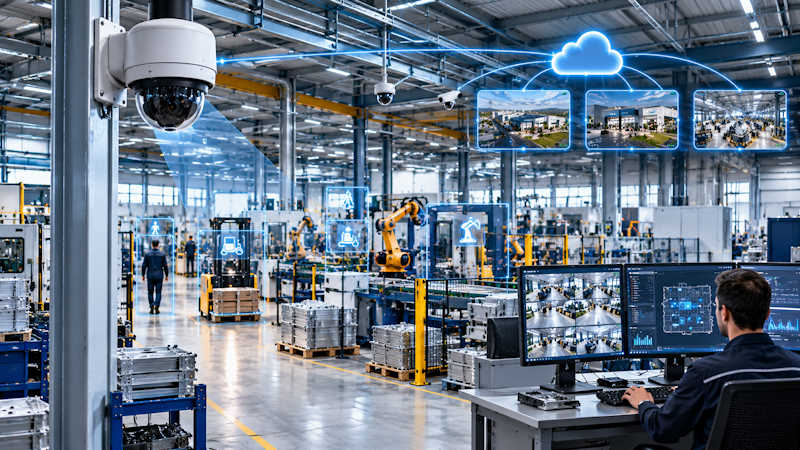 KI-gestützte Videoüberwachung einer modernen Produktionshalle mit IP-Kameras, automatisierten Fertigungsanlagen und Cloud-Vernetzung