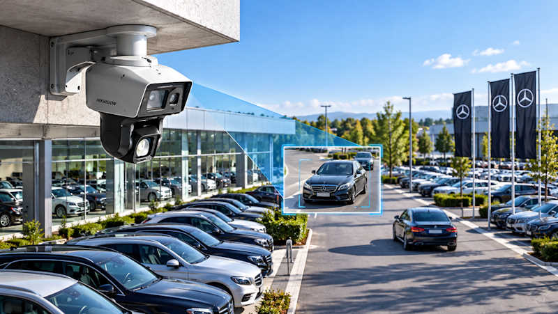 Modernes Autohaus mit Glasfassade, Fahrzeugausstellung und professionellen IP-Überwachungskameras zur Sicherung der Verkaufsflächen
