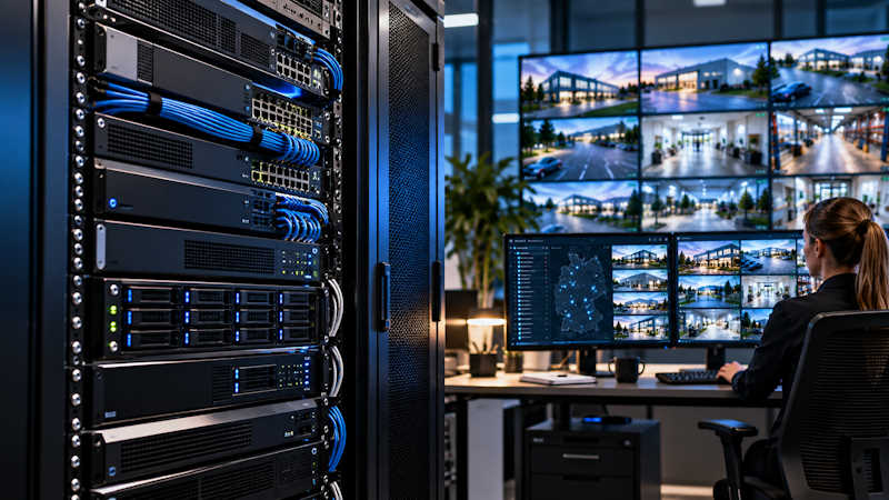 Lokale Videoüberwachung mit NVR-Videorekordern, Netzwerktechnik und zentralem Sicherheitsarbeitsplatz