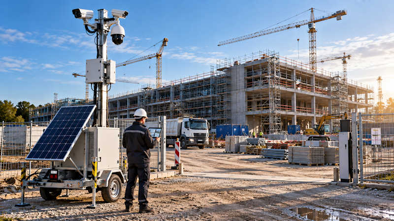 Mobiler Videoüberwachungsturm mit Solarmodul und IP-Kameras auf einer Baustelle, daneben ein Sicherheitstechniker mit Tablet