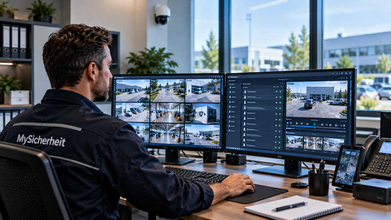 MySicherheit-Servicetechniker überprüft ein professionelles Videoüberwachungssystem mit Kamerabildern und Systemverwaltung auf zwei Monitoren