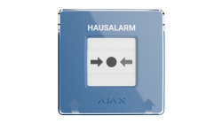 Blauer Hausalarmknopf mit Pfeilen und Punkt in der Mitte, mit "HAUSALARM"-Beschriftung oben.