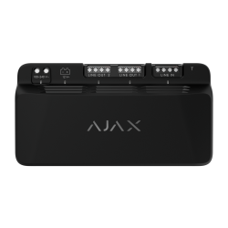 Schwarzes Gerät mit der Aufschrift "AJAX", mehreren Anschlussklemmen und Spannungshinweisen von 100-240 V und 12 V.