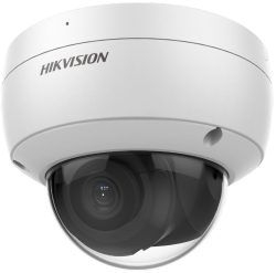 Überwachungskamera von Hikvision in einem weißen, kugelförmigen Gehäuse mit einer durchsichtigen Kuppel, durch die das Kameraobjektiv sichtbar ist.