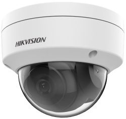 Eine weiße Dome-Überwachungskamera mit dem Schriftzug "Hikvision" auf der Vorderseite.