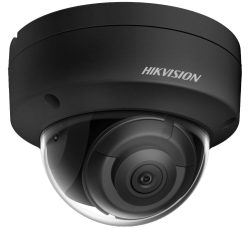 Schwarze Überwachungskamera von Hikvision, in einem kompakten, kuppelförmigen Gehäuse mit klarer Abdeckhaube.