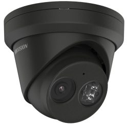 Schwarze Überwachungskamera der Marke Hikvision in einem kugelförmigen Gehäuse mit sichtbarer Linse und Beleuchtungseinheit.