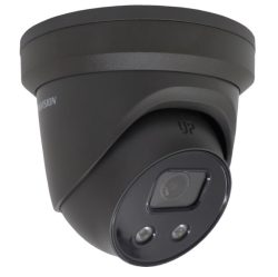 Eine schwarze Dome-Überwachungskamera mit zwei LED-Lichtern und einer Linse in einem kompakten Gehäuse.