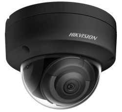 Schwarze Dome-Überwachungskamera der Marke Hikvision mit transparentem Gehäuse.