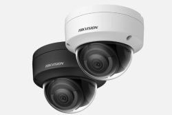 Zwei Überwachungskameras der Marke Hikvision, eine in Weiß und eine in Schwarz, beide in einer halbkugelförmigen Gehäuseform.
