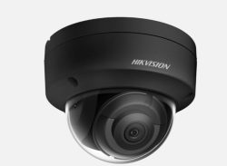 Eine schwarze Dome-Überwachungskamera von Hikvision mit einem transparenten Gehäuse, das die Linse umschließt.