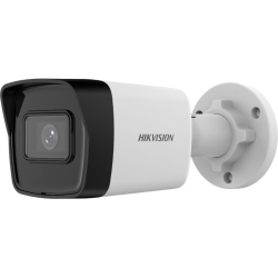 Eine Hikvision-Überwachungskamera in Schwarz-Weiß mit einem kompakten, zylindrischen Design, montiert auf einer runden Halterung.