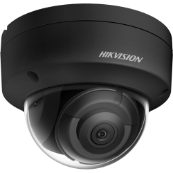 Eine schwarze Dome-Überwachungskamera von Hikvision mit einer transparenten Abdeckung und einem kompakten Design.