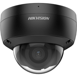 Eine schwarze Überwachungskamera mit Kuppel und dem Aufdruck "HIKVISION" auf der Vorderseite.