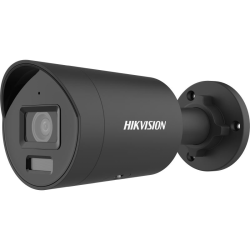 Schwarze Überwachungskamera der Marke Hikvision mit zylindrischer Form und Wandhalterung.