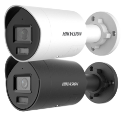 Zwei Überwachungskameras der Marke Hikvision, eine in Weiß und eine in Schwarz, mit zylindrischem Gehäuse und Wandhalterung.