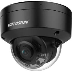 Schwarze Überwachungskamera der Marke Hikvision mit einer abgerundeten Kuppelform und einem durchsichtigen Gehäuse um das Objektiv.