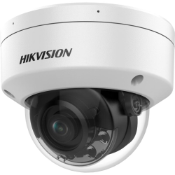 Eine weiße Dome-Überwachungskamera von Hikvision mit einem schwarzen Innenmechanismus, sichtbarer Linse und mehreren Infrarot-LEDs zur Nachtsicht.