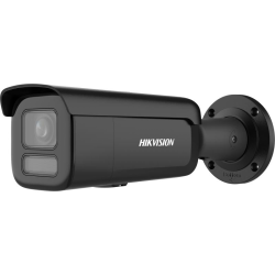 Schwarze Überwachungskamera der Marke Hikvision mit einer zylindrischen Form und einem integrierten Montagesockel.