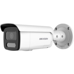 Überwachungskamera von Hikvision in einem weißen, röhrenförmigen Design mit schwarzer Vorderseite und montierbarer Wandhalterung.