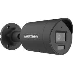 Schwarze Überwachungskamera der Marke Hikvision mit einem zylindrischen Gehäuse, montiert an einer Wandhalterung.