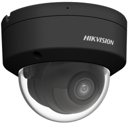 Schwarze Kuppelkamera von Hikvision mit einem durchsichtigen Gehäuse, das die Linse schützt, in seitlicher Ansicht.