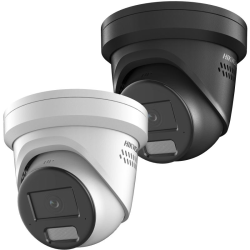 Zwei Überwachungskameras, eine schwarze und eine weiße, mit dem Schriftzug "Hikvision" auf der Vorderseite, nebeneinander platziert.