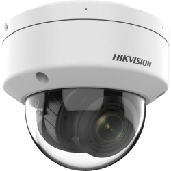 Eine weiße Überwachungskamera von Hikvision mit einer kuppelförmigen Linse und einem Halterungsring.