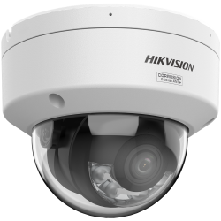 Eine weiße Dome-Überwachungskamera der Marke Hikvision mit der Aufschrift 'Corrosion Resistant+' auf der Seite.