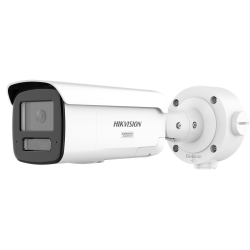 Eine weiße Überwachungskamera der Marke Hikvision, montiert auf einer Halterung, mit der Aufschrift 'Corrosion Resisant' auf der Seite.