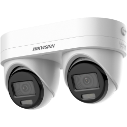 Eine weiße, zweilinsige Überwachungskamera von Hikvision mit der Aufschrift 'Corrosion Resistant'.